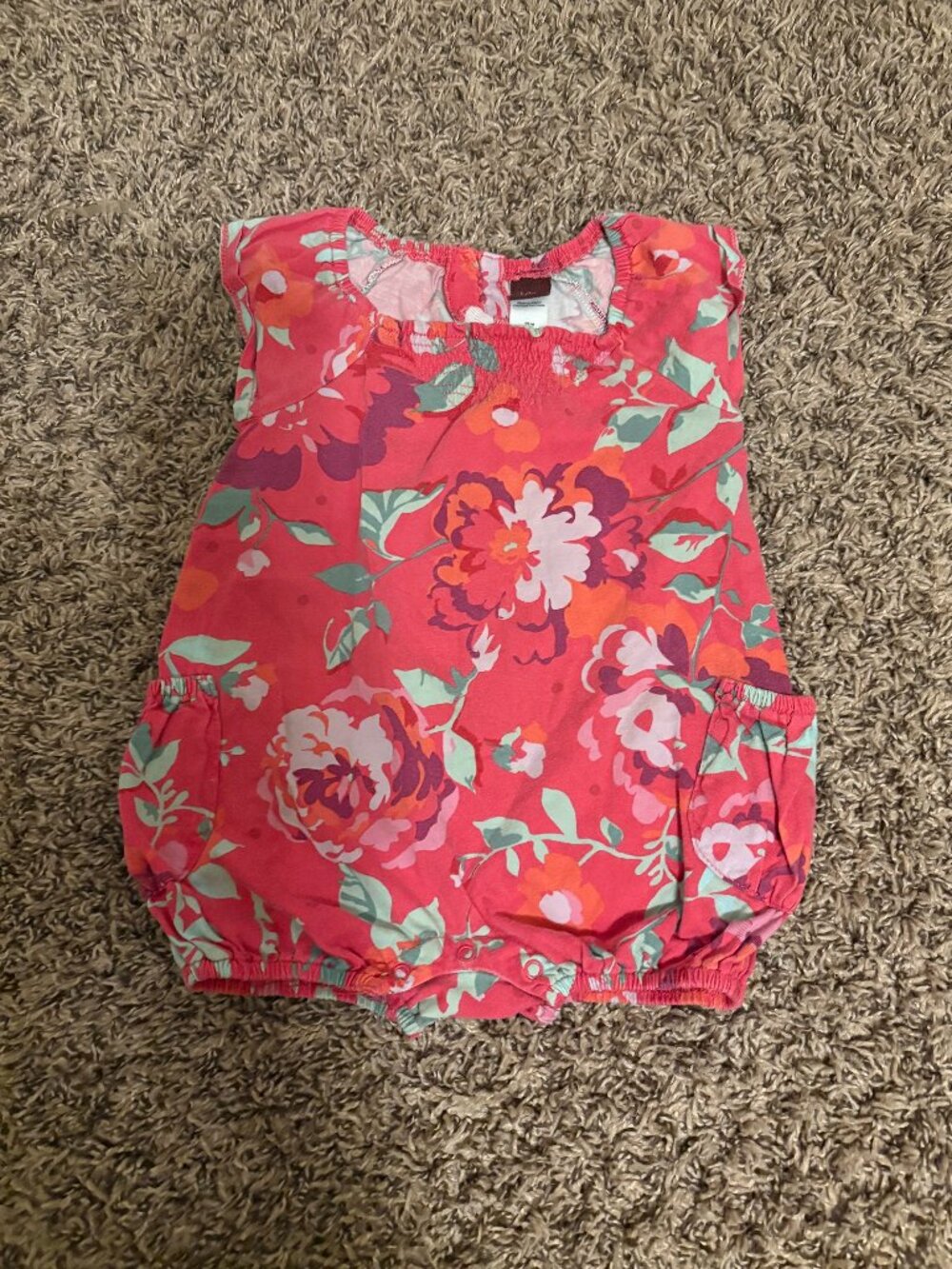 Tea Collection Pink Floral Print Romper 6-12 Months Smocked Short Sleeve Cotton